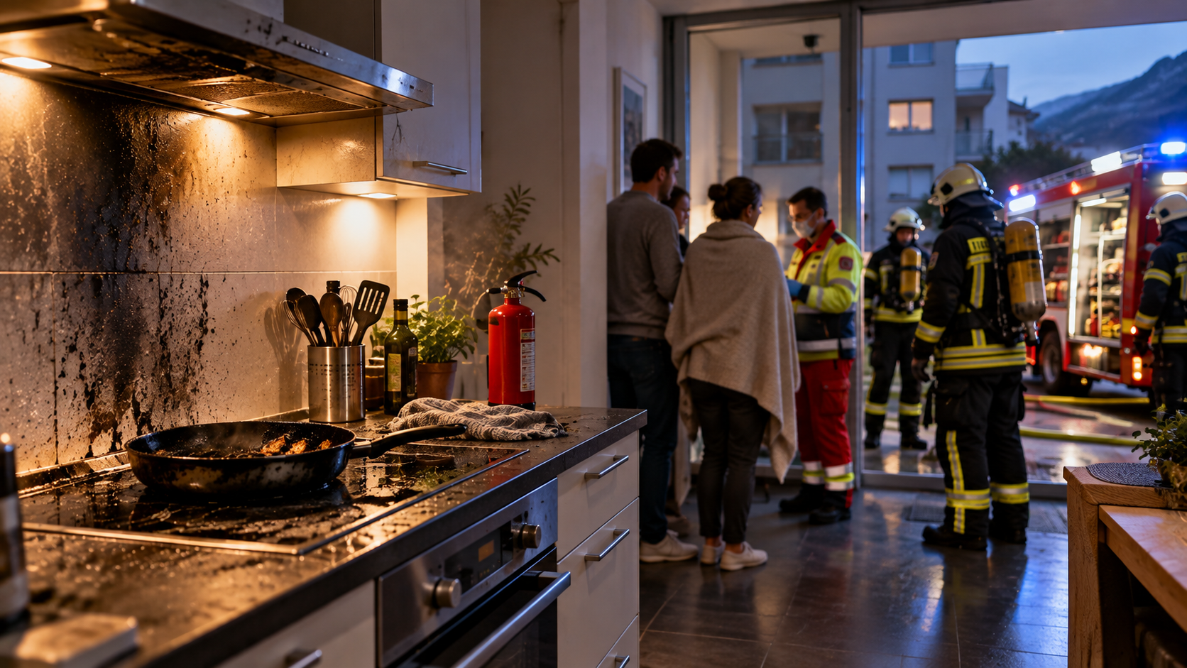 Symbolbild: Nach einem Küchenbrand kontrollieren Einsatzkräfte die Situation in einem Wohnhaus. In Vaduz wurden bei einem Brand beim Kochen zwei Personen verletzt.
