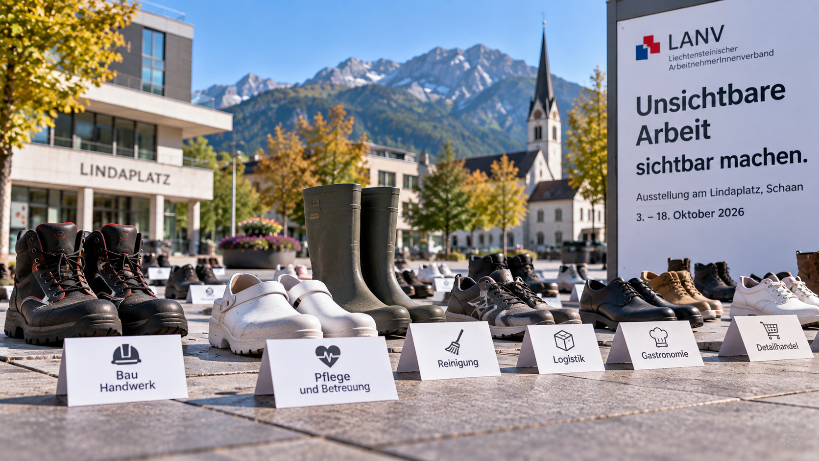 Symbolbild zur Ausstellung des LANV über unsichtbare Arbeit und menschenwürdige Arbeitsbedingungen in Liechtenstein.