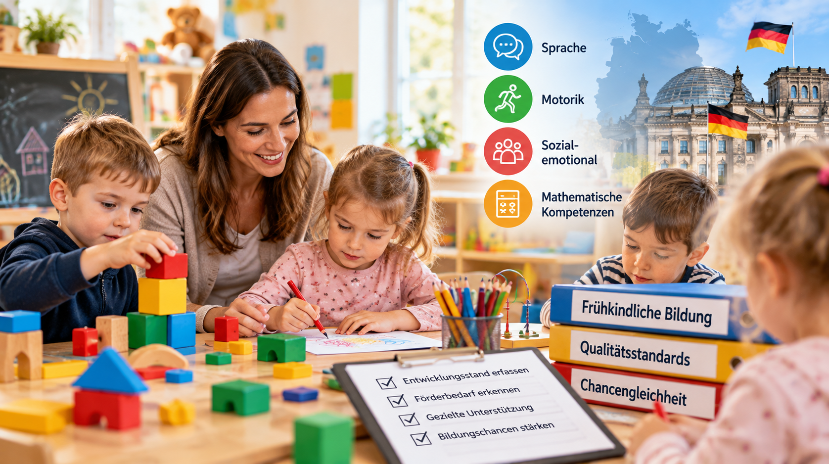 Symbolbild zur geplanten frühkindlichen Entwicklungsförderung in Deutschland und zu bundesweit einheitlicheren Qualitätsstandards für Kindertagesstätten.