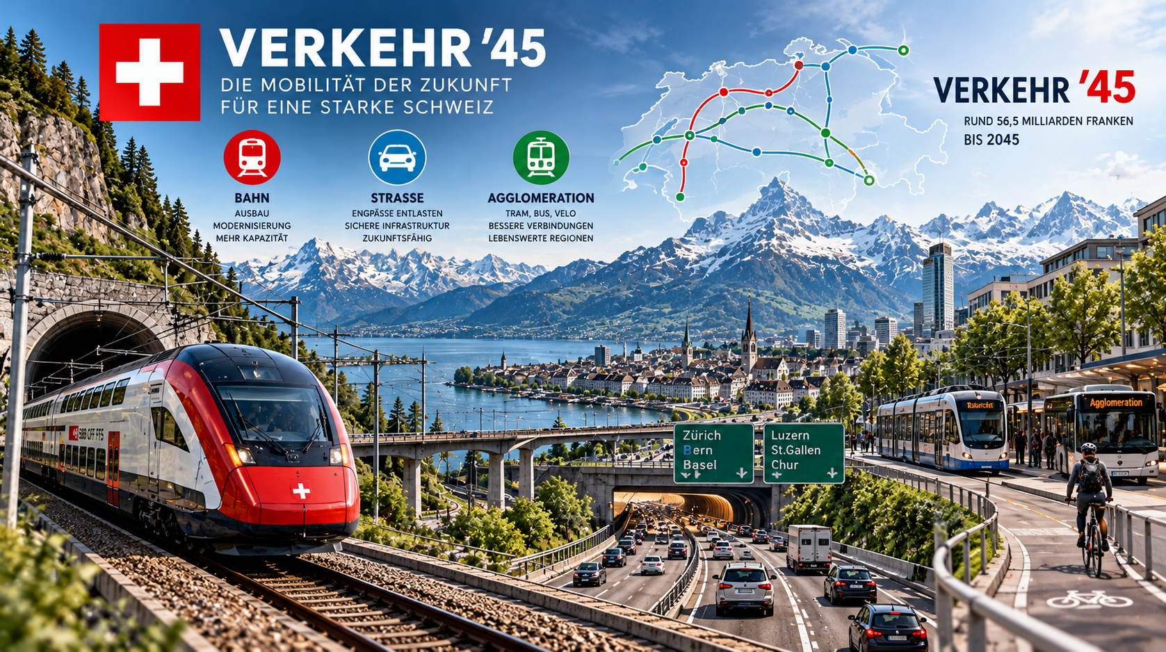 Symbolbild zur geplanten Schweizer Verkehrsinfrastruktur bis 2045 mit Bahn, Strasse und Agglomerationsverkehr.