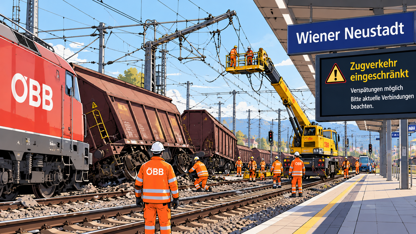 Symbolbild: Entgleiste Güterwagen und Reparaturarbeiten an einer Oberleitung im Bahnhofsbereich. Der Unfall in Wiener Neustadt führte zu Einschränkungen im österreichischen Bahnverkehr.