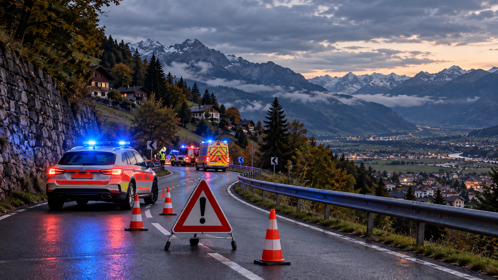 Symbolbild: Einsatzkräfte sichern eine kurvenreiche Bergstrasse nach einem Verkehrsunfall. Die Bergstrasse in Triesen war am Sonntagabend rund 90 Minuten gesperrt.