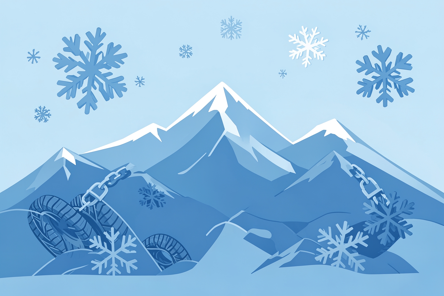 Symbolisches Bild einer Kaltfront mit Winterreifen und Schneeketten – kein Dokumentationsfoto. (KI-generiertes Symbolbild)