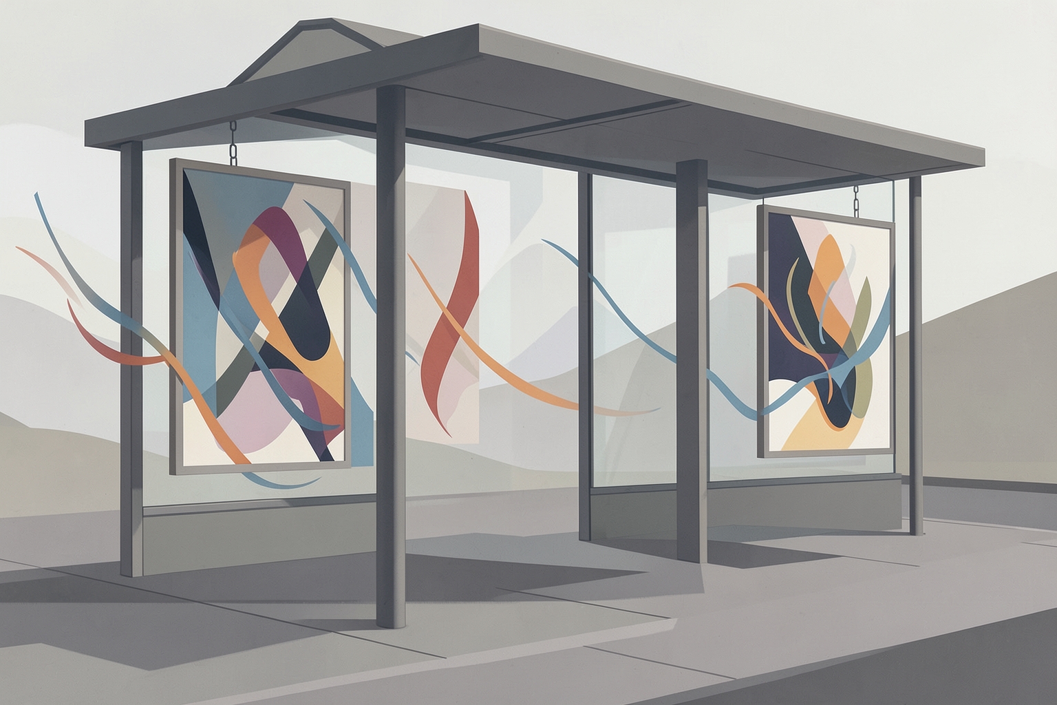 Symbolisches Bild: Kunstwerke an stilisierten Bushaltestellen – ein visuelles Symbol für die neue Wartehausgalerie. (KI-generiertes Symbolbild)