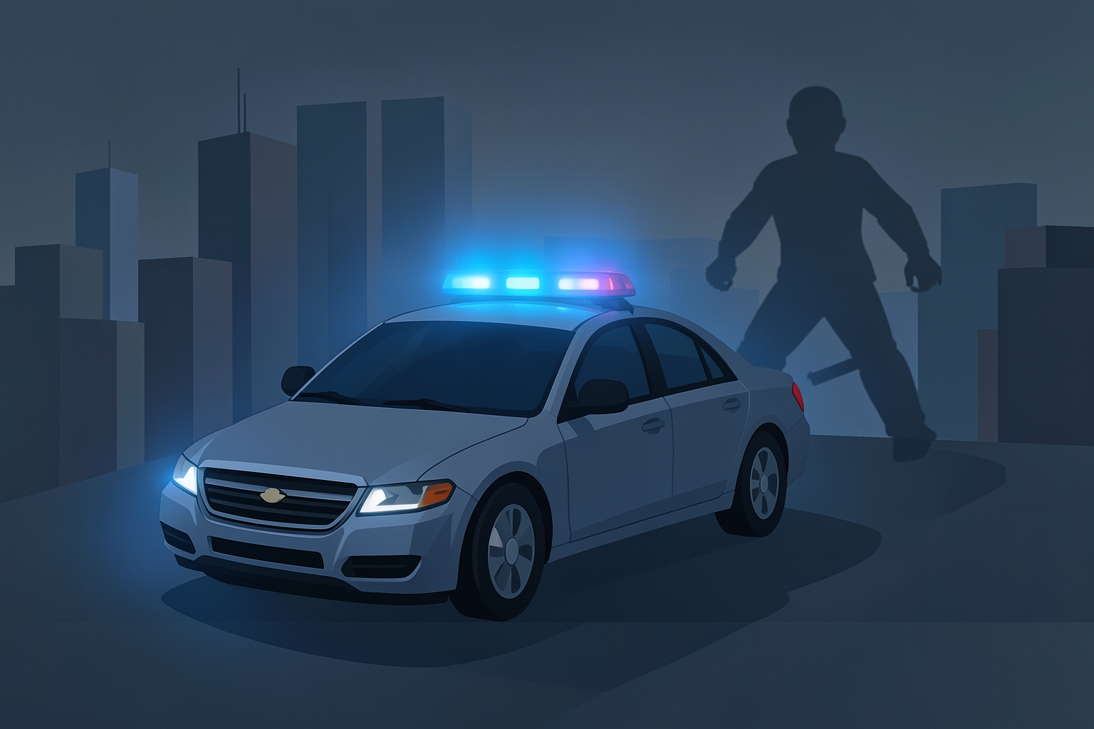 Symbolisches Bild: Polizeifahrzeug mit Blaulicht, das einer flüchtenden Gestalt nachjagt (KI-generiertes Symbolbild)