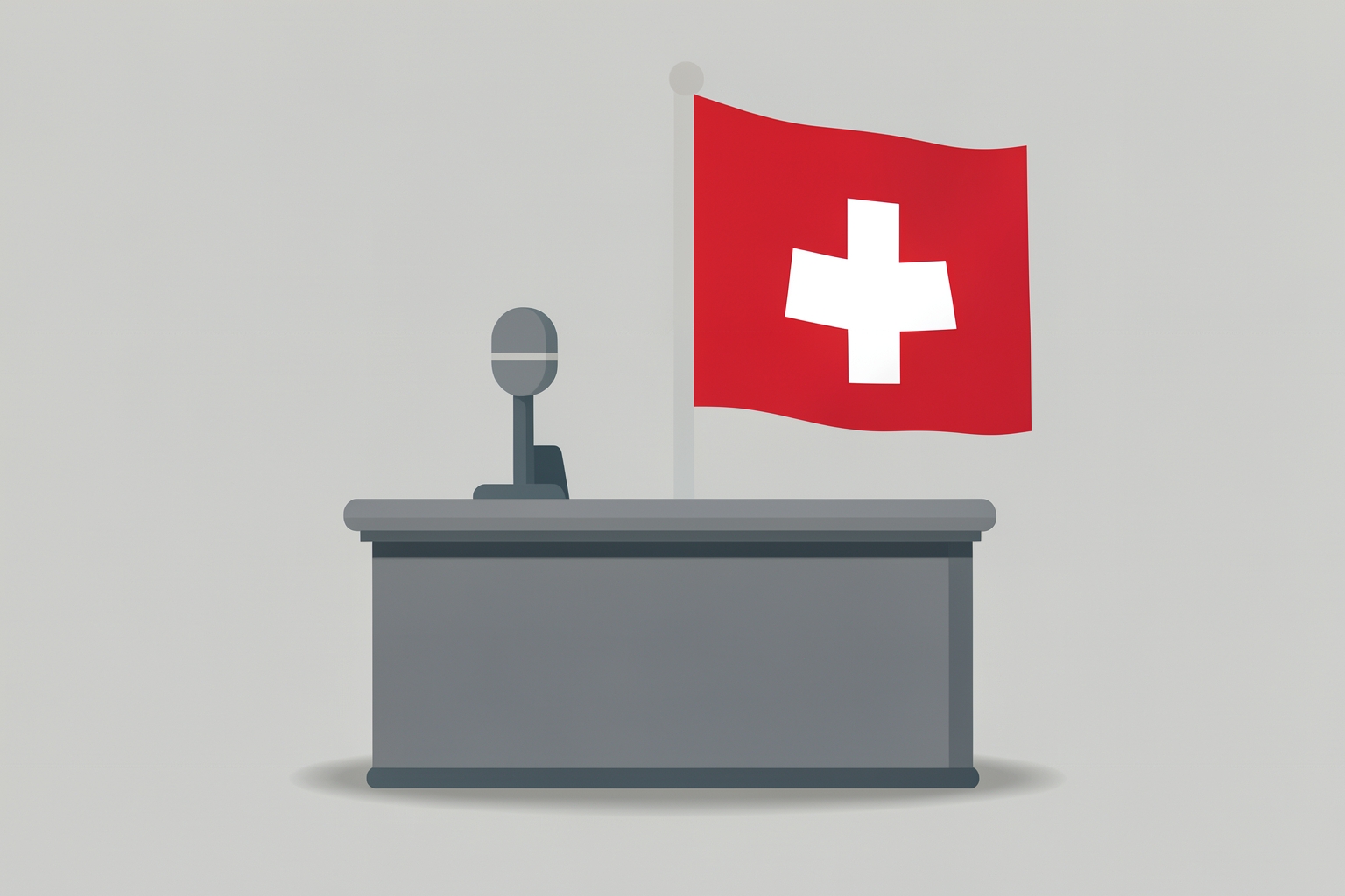 Symbolisches Redaktionspult mit Mikrofon und Schweizer Flagge als Bild für die Debatte zur Bundesratsnachfolge. (KI-generiertes Symbolbild)