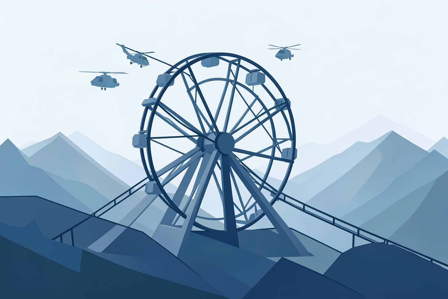 Symbolisches Bild einer alpinen Seilbahn mit Helikoptern als Hinweis auf die Evakuierung. (KI-generiertes Symbolbild)